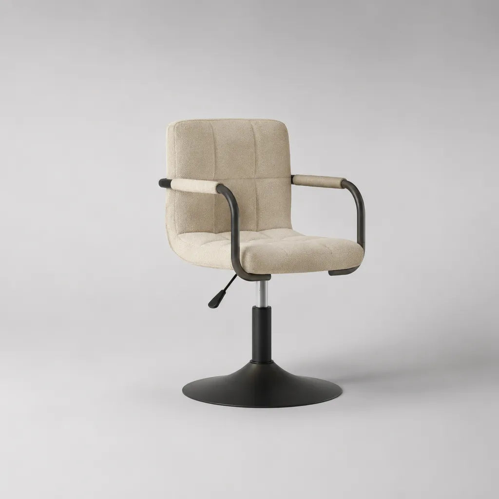 Drehbarer höhenverstellbarer Esszimmerstuhl mit Armlehnen und Tellerfuß, Polyester-Bouclé und Stahl, Beige/Schwarz, 57 x 58 x 78–88 cm