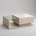 Rechteckiger Couchtisch mit Schublade und Glasablage aus MDF und Glas, Weiß/Beige/Transparent, 100 × 60 × 42 cm