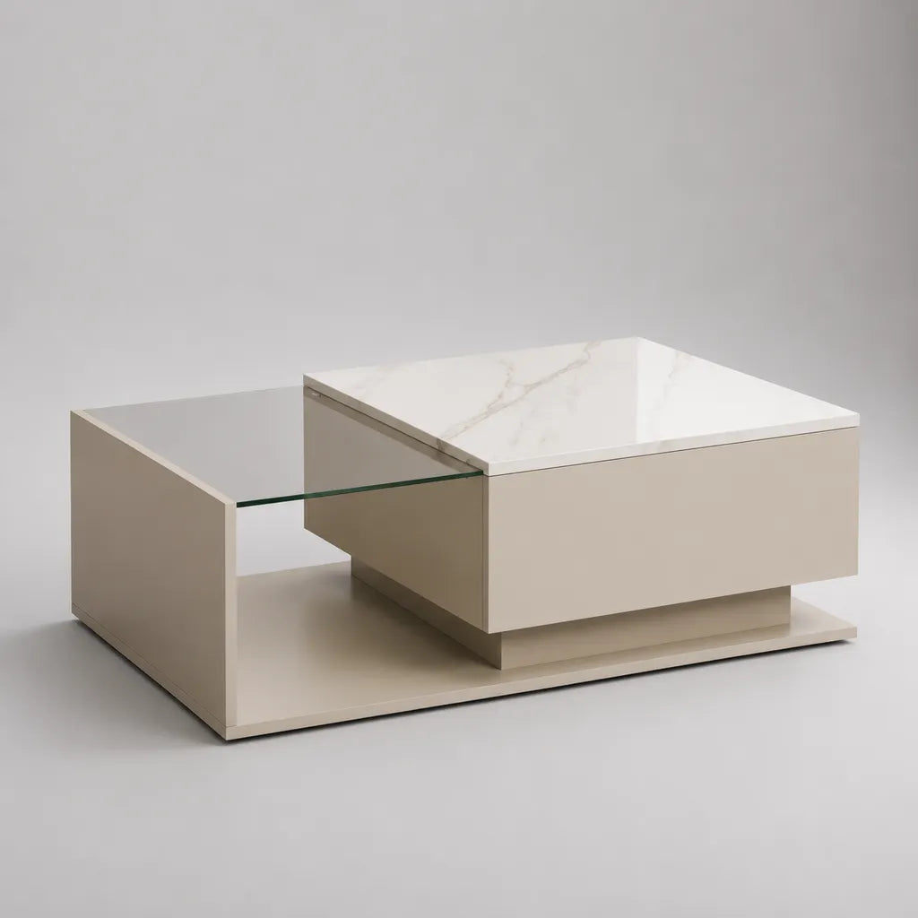 Rechteckiger Couchtisch mit Schublade und Glasablage aus MDF und Glas, Weiß/Beige/Transparent, 100 × 60 × 42 cm
