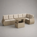 Gartensofa-Set für 7 Personen aus PE-Polyrattan mit Esstisch und 2 Hockern, L-Form, Beige/Taupe, 260 × 200 × 75 cm