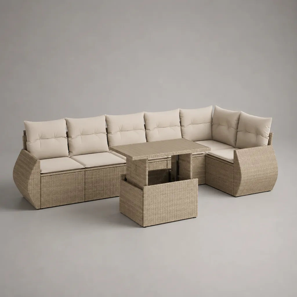 Gartensofa-Set für 7 Personen aus PE-Polyrattan mit Esstisch und 2 Hockern, L-Form, Beige/Taupe, 260 × 200 × 75 cm