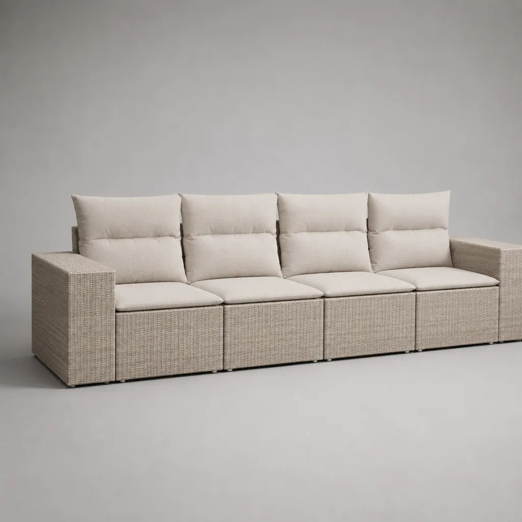 Gartensofa, 4-Sitzer, 6-teiliges modulares Set aus PE-Rattan mit Polsterauflagen, Beige und Cremeweiß, 296 x 75 x 82 cm