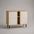 Sideboard aus MDF und Spanplatte mit 4 Türen und 2 offenen Fächern, Eiche Natur/Weiß/Schwarz, 120 × 40 × 100 cm