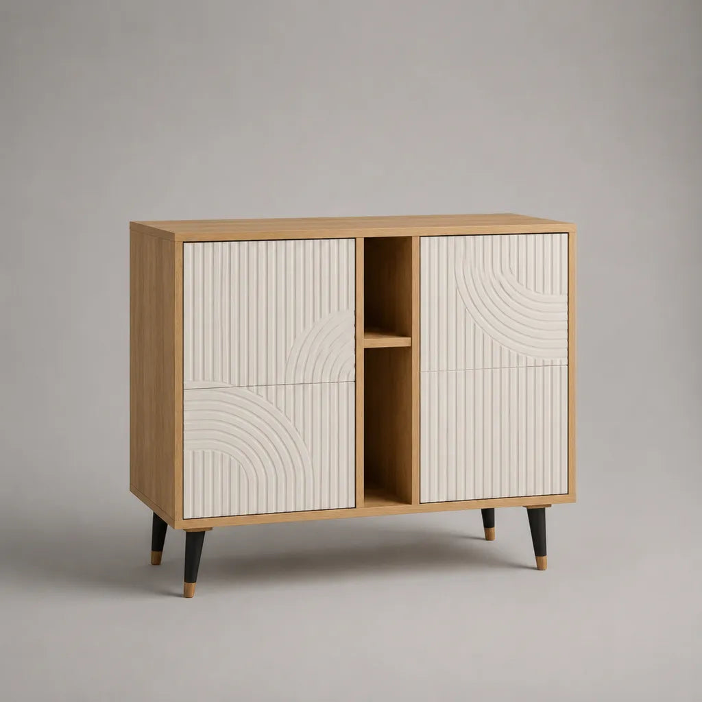 Sideboard aus MDF und Spanplatte mit 4 Türen und 2 offenen Fächern, Eiche Natur/Weiß/Schwarz, 120 × 40 × 100 cm
