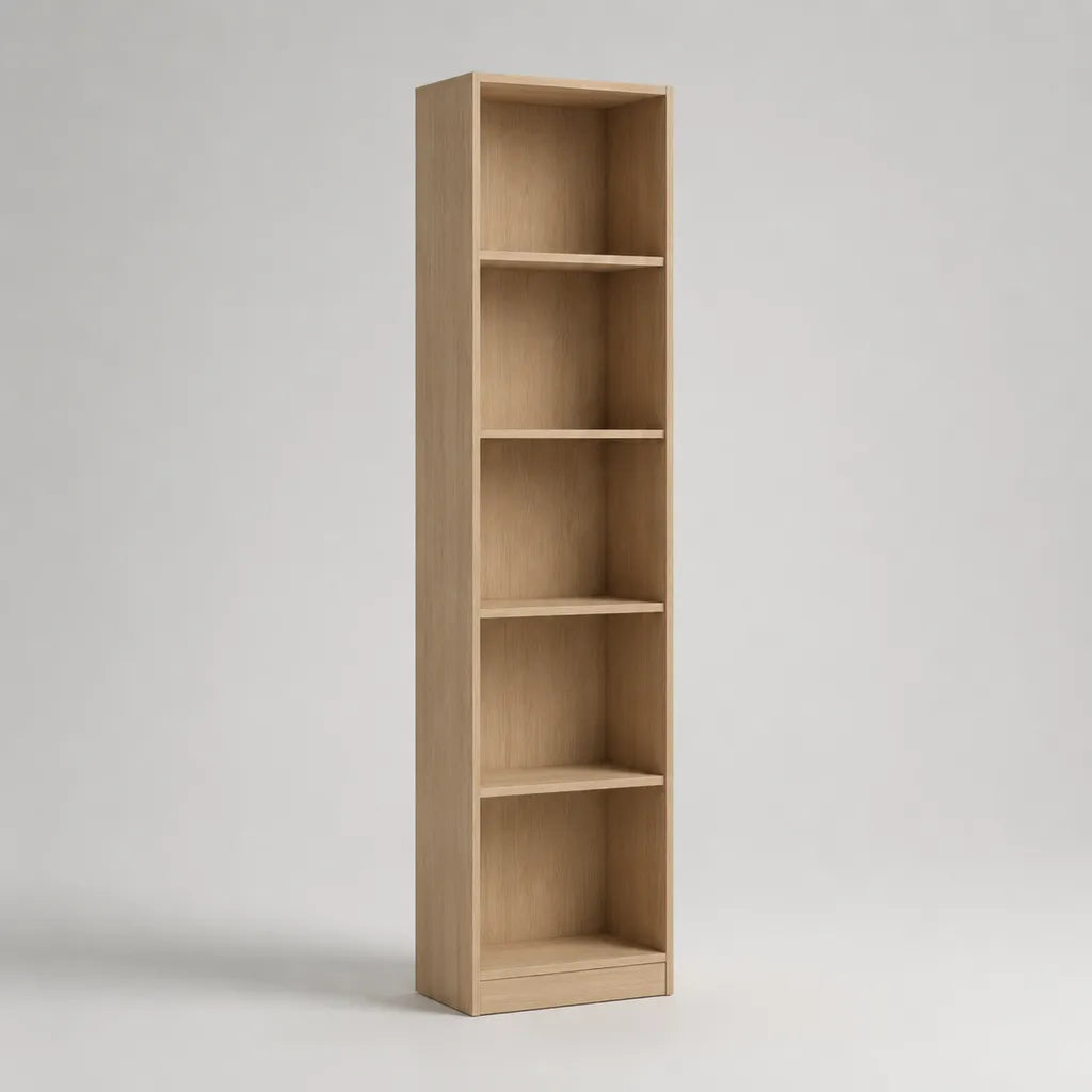 Schmales Bücherregal aus Spanplatte mit Eiche-Dekor, 5 offene Fächer, Eiche Natur, 40 × 24 × 180 cm