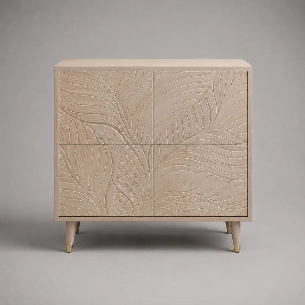Sideboard mit 4 Türen aus massivem Mangoholz, Blattrelief, Beige, 100 × 40 × 100 cm