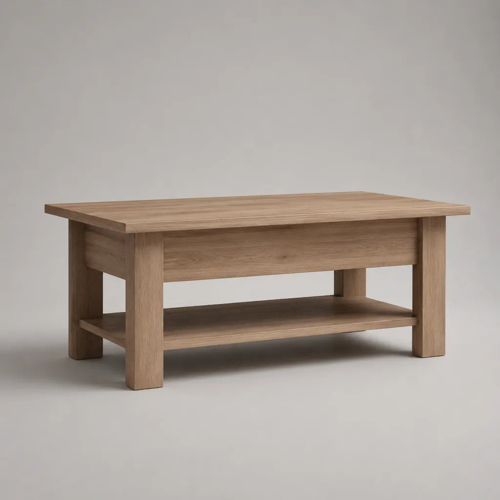 Höhenverstellbarer Couchtisch aus Spanplatte mit Staufach und Ablageboden, eichefarben, 100 × 50 × 48 cm