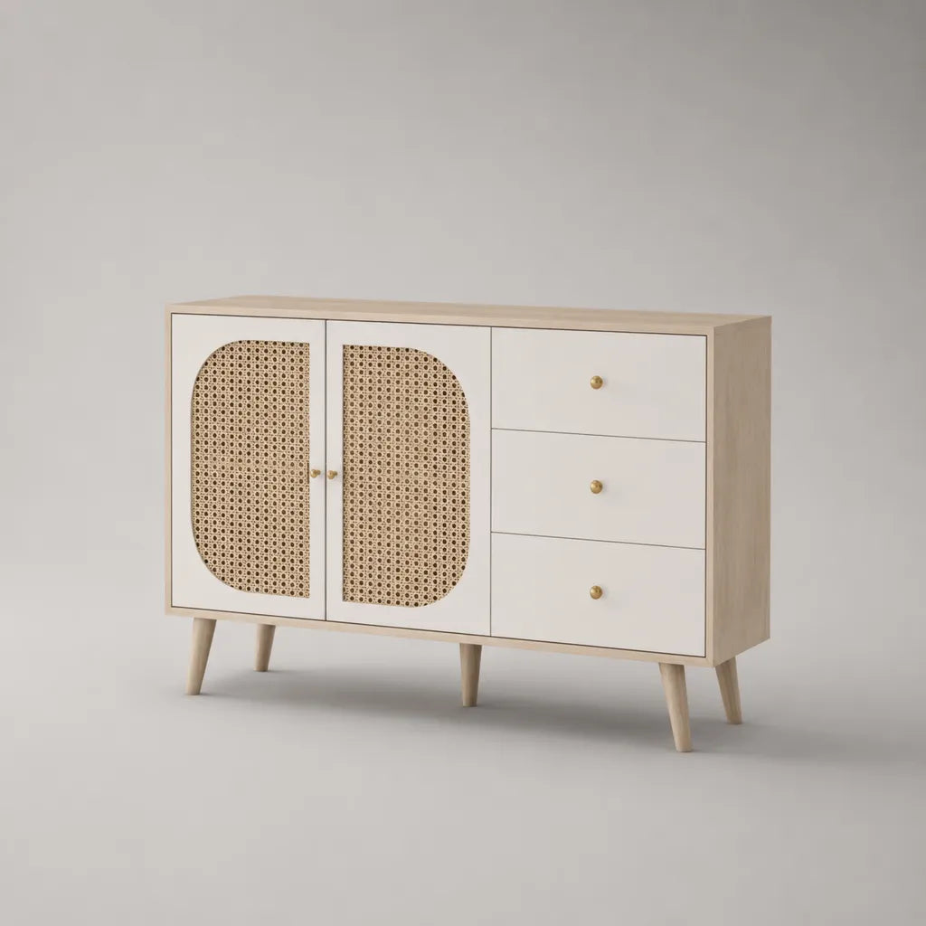 Sideboard aus MDF mit Rattangeflecht, 2 Türen und 3 Schubladen, Cremeweiß/Natur, 120 × 40 × 80 cm