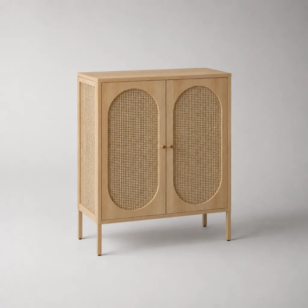 Sideboard mit 2 Türen aus MDF, Eichenfurnier und Rattangeflecht, Natur, 90 × 40 × 110 cm