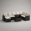 L-förmiges Gartensofa-Set aus PE-Polyrattan mit Hocker und höhenverstellbarem Tisch, Schwarz/Creme, 300 × 240 × 75 cm