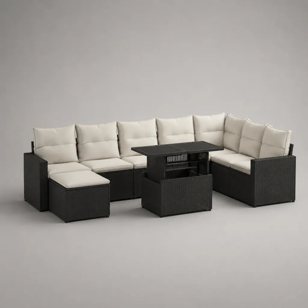 L-förmiges Gartensofa-Set aus PE-Polyrattan mit Hocker und höhenverstellbarem Tisch, Schwarz/Creme, 300 × 240 × 75 cm