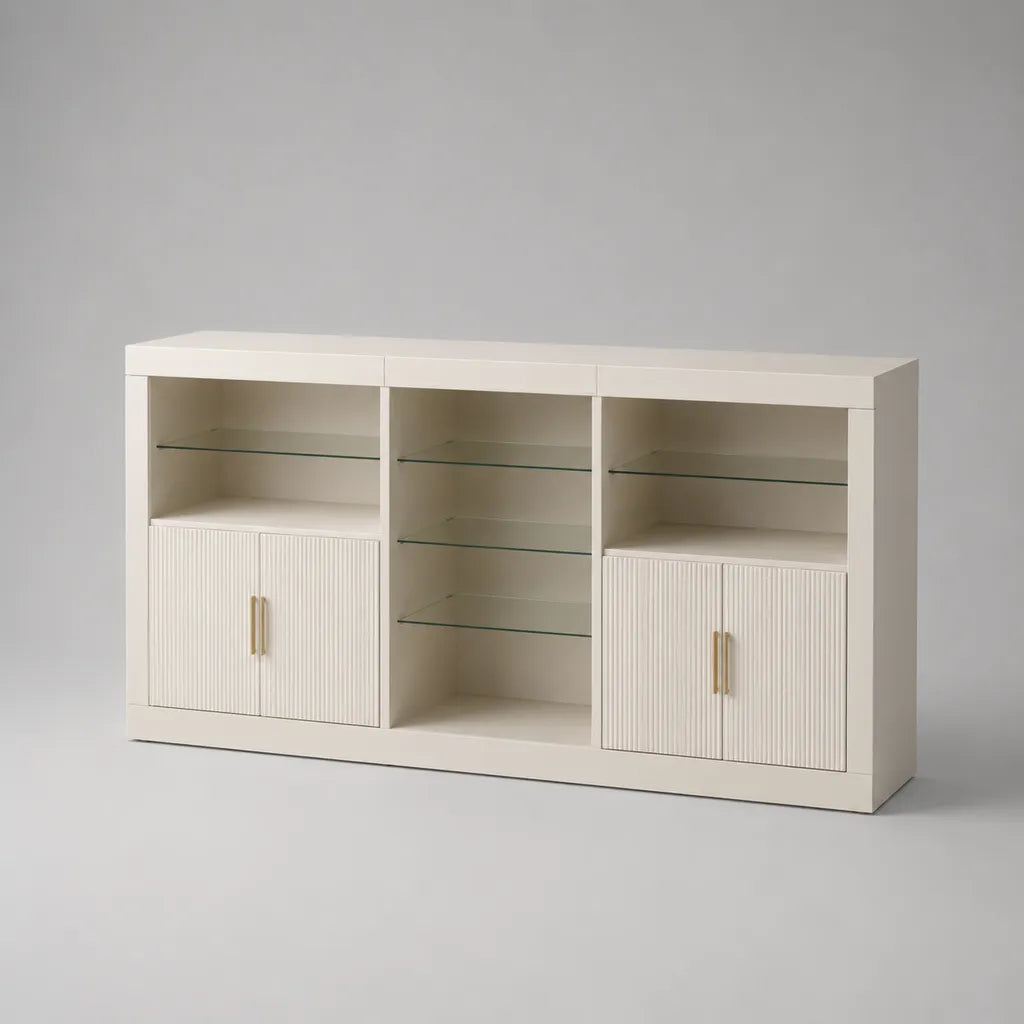 Sideboard mit 5 Glasböden und 4 Türen, Weiß/Gold, 160 × 40 × 80 cm, melaminbeschichtete Spanplatte