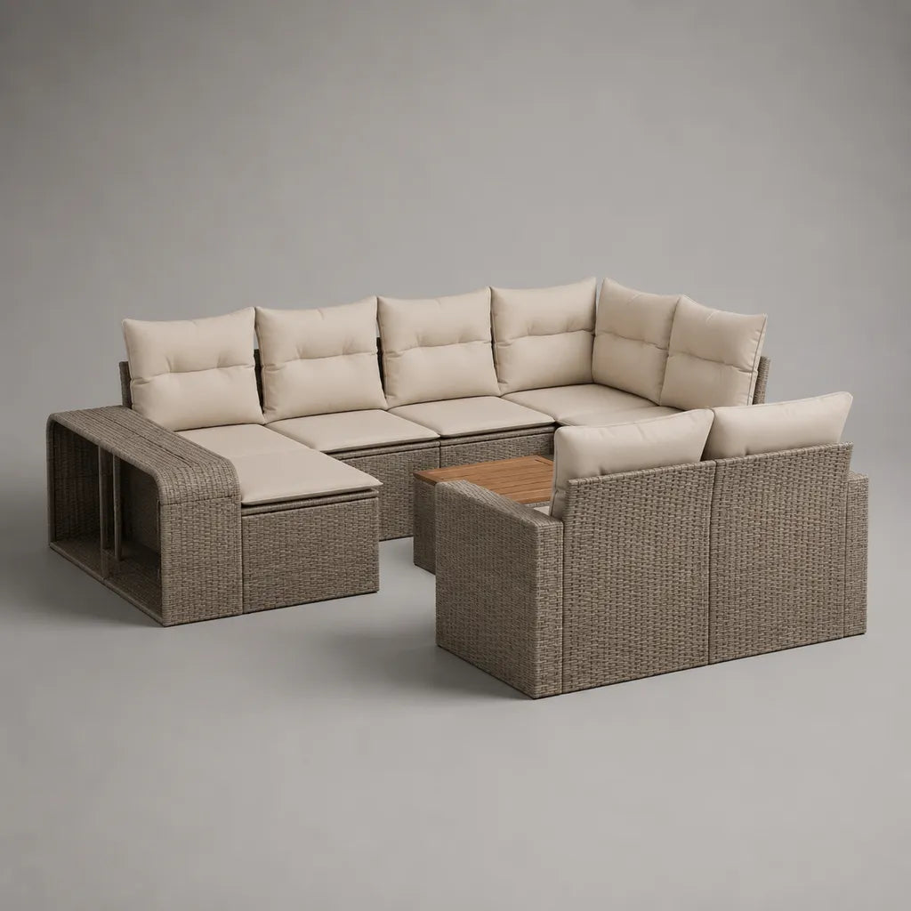 7-teiliges Gartenlounge-Set in U-Form aus PE-Rattan mit Polsterauflagen und Tisch, Taupe/Beige/Naturbraun, ca. 290 × 220 × 74 cm