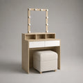 Schminktisch-Set aus Holzwerkstoff mit LED-Spiegel, 2 Schubladen und Hocker, Natur und Weiß, 80 × 40 × 140 cm