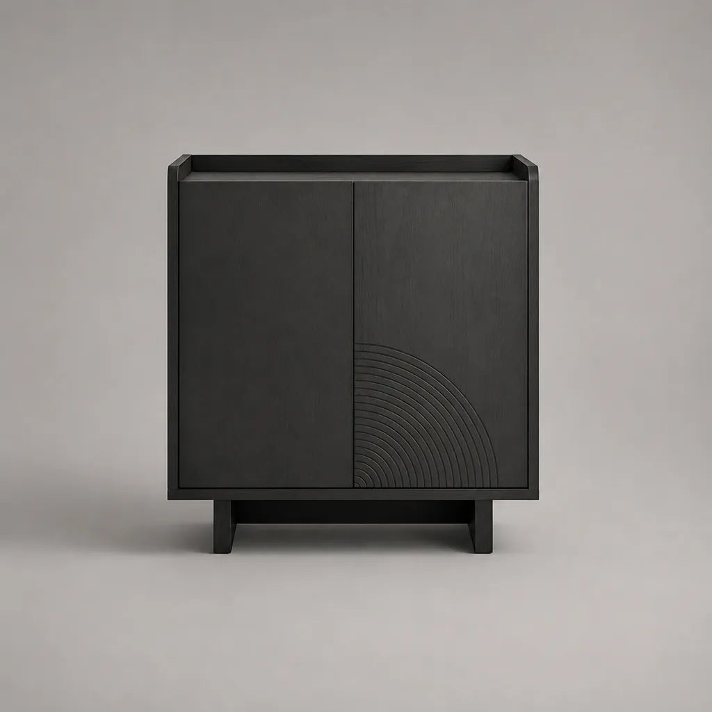 Sideboard-Kommode mit 2 Türen aus MDF und Eschenfurnier, Schwarz, 80 × 40 × 90 cm