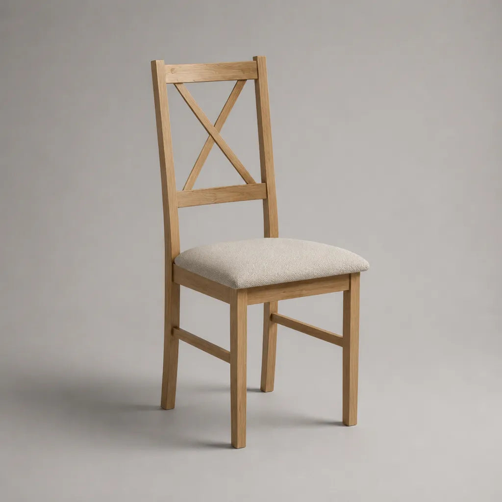 Esszimmerstuhl aus massivem Eichenholz mit gepolstertem Sitz und Kreuzlehne, Natur/Beige, 45 × 52 × 95 cm