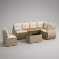 4-teiliges Gartensofa-Set aus PE-Rattan, Metall und Holz, Beige/Cremeweiß/Hellbraun, Ecksofa 230 × 175 × 85 cm, Tisch 130 × 75 × 65 cm