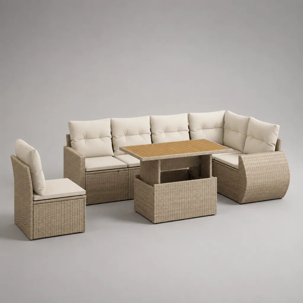 4-teiliges Gartensofa-Set aus PE-Rattan, Metall und Holz, Beige/Cremeweiß/Hellbraun, Ecksofa 230 × 175 × 85 cm, Tisch 130 × 75 × 65 cm