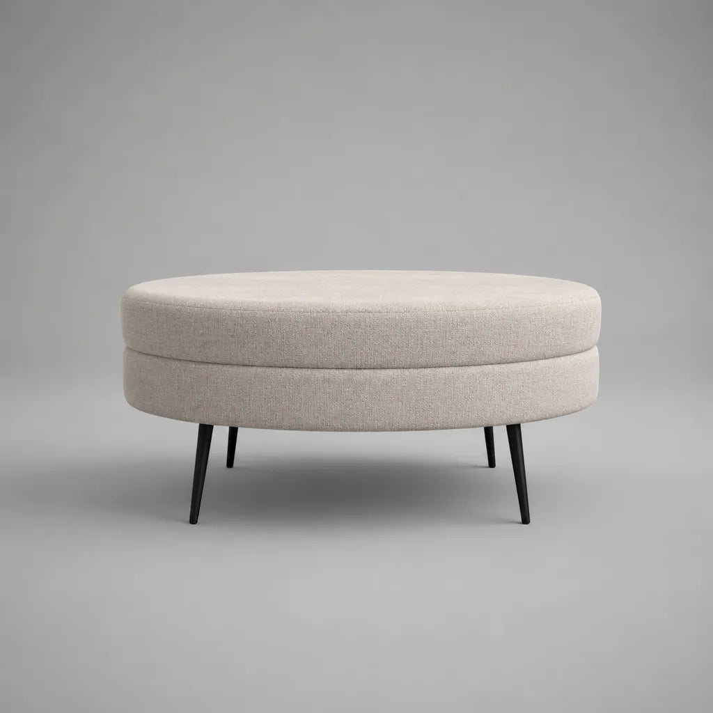 Runder Fußhocker mit Polyesterbezug und Stahlbeinen, Beige/Schwarz, 82 × 82 × 42 cm