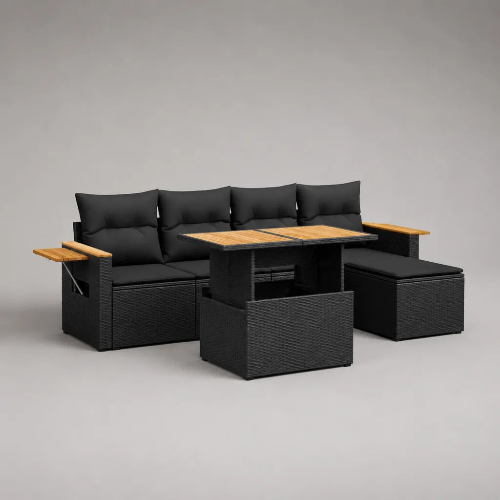 Gartensofa-Set 4-teilig aus PE-Rattan und Akazienholz mit Hocker und höhenverstellbarem Tisch, Schwarz/Natur, 230 × 75 × 85 cm
