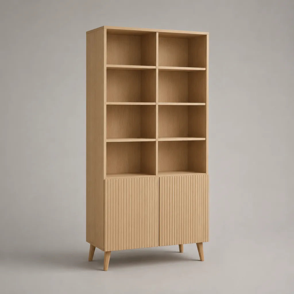 Bücherregal aus Spanplatte und MDF mit 8 Fächern und 2 Türen, Eiche Natur, 90 × 35 × 180 cm