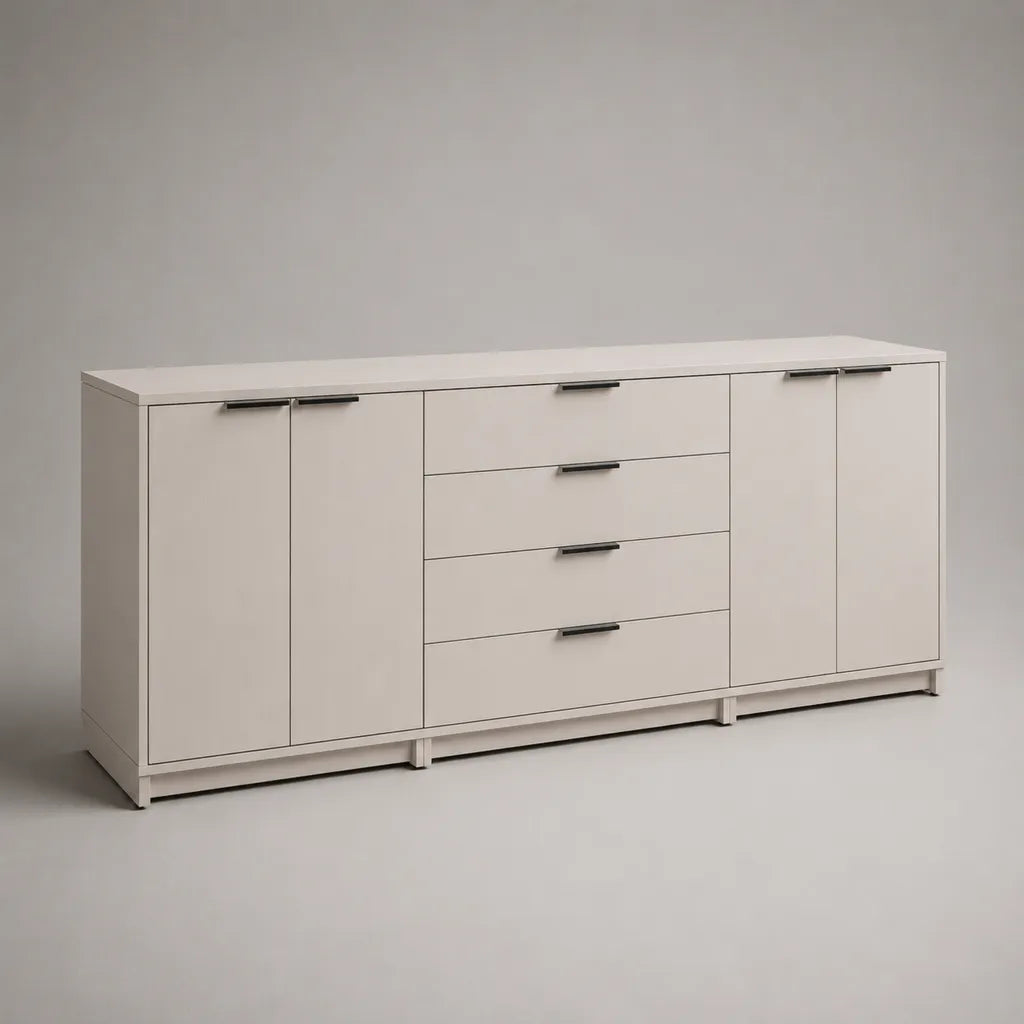 Sideboard aus melaminbeschichteter Spanplatte mit 4 Türen und 4 Schubladen, Weiß/Schwarz, 200 × 40 × 85 cm