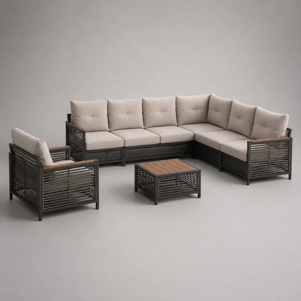 8-teiliges Gartenmöbel-Set mit L-förmigem Ecksofa, Sessel und Couchtisch aus PE-Rattan, Stahl und Polyester, Anthrazit/Beige/Braun, Stellmaß ca. 260 × 200 cm