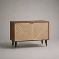Sideboard mit 2 Rattantüren, MDF mit Walnussfurnier, Braun/Natur, 110 × 40 × 80 cm