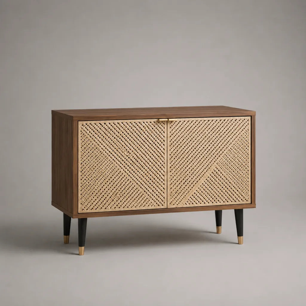 Sideboard mit 2 Rattantüren, MDF mit Walnussfurnier, Braun/Natur, 110 × 40 × 80 cm