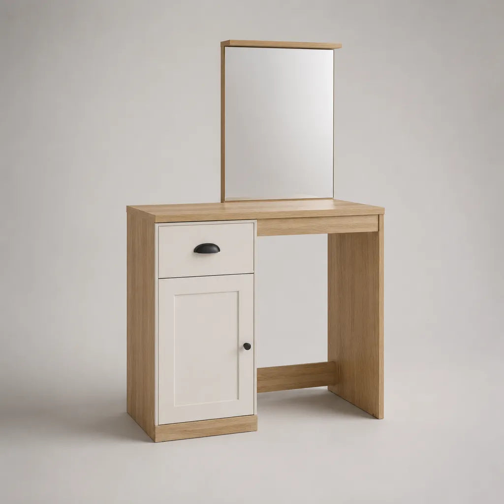 Rechteckiger Schminktisch mit Spiegel und Stauraum aus Spanplatte und MDF, Eiche/Weiß, 80 × 40 × 140 cm