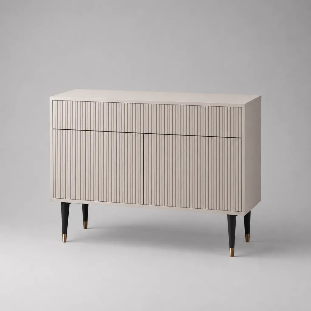 Sideboard-Kommode aus Holz mit 2 Schubladen und 2 Türen, Beige, Schwarz und Messingfarben, 120 × 40 × 90 cm