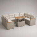 U-förmige Gartensitzgruppe aus PE-Rattan mit Esstisch und 2 Hockern, Grau/Beige/Braun, 285 × 220 × 80 cm