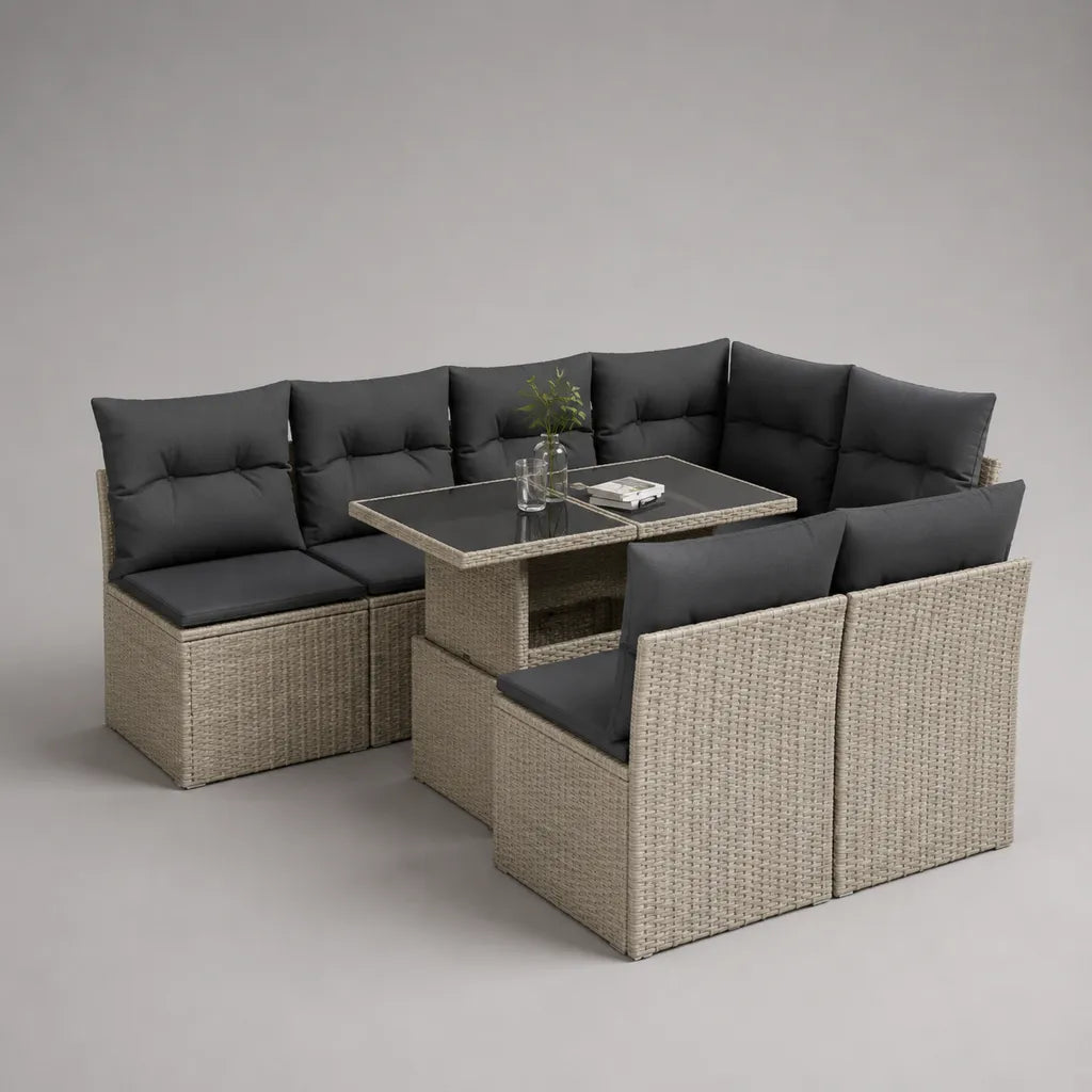 9-teiliges Garten-Lounge-Set für 8 Personen aus PE-Rattan und Stahl, U-Form 242 × 242 × 74 cm, Tisch 120 × 120 cm, Beige und Anthrazit