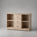 Sideboard aus Spanplatte mit Eiche-Dekor, 3 Schubladen und 4 offenen Fächern, Hellbeige/Schwarz, 120 × 40 × 80 cm