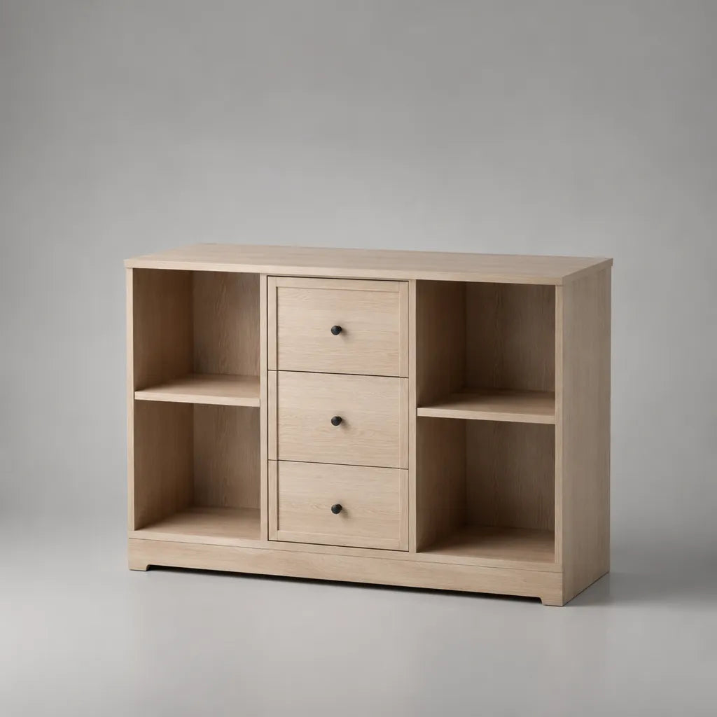 Sideboard aus Spanplatte mit Eiche-Dekor, 3 Schubladen und 4 offenen Fächern, Hellbeige/Schwarz, 120 × 40 × 80 cm