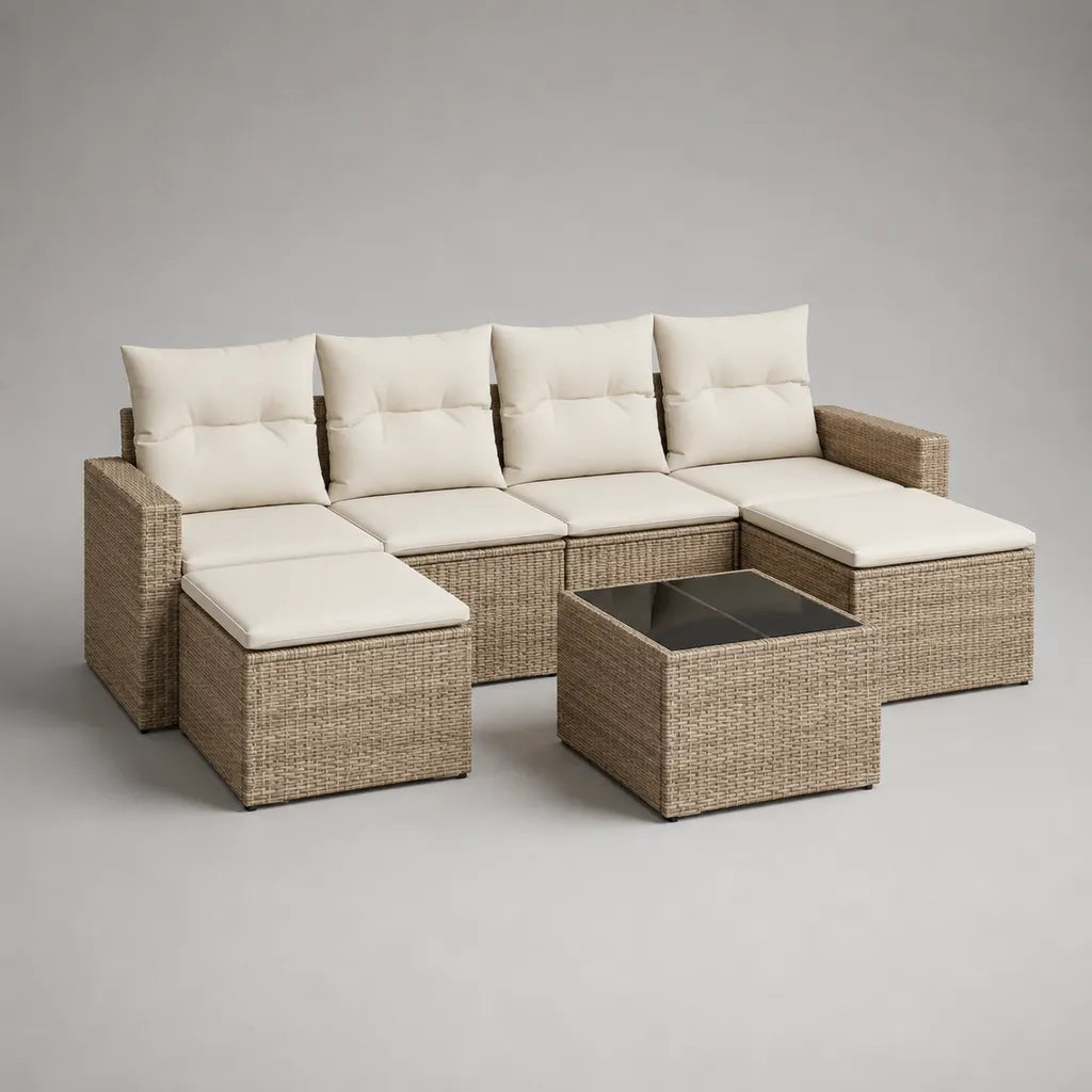Gartensofa-Lounge-Set in U-Form mit Tisch, PE-Rattan und Stahl, Beige/Cremeweiß/Schwarz, ca. 260 × 190 × 78 cm