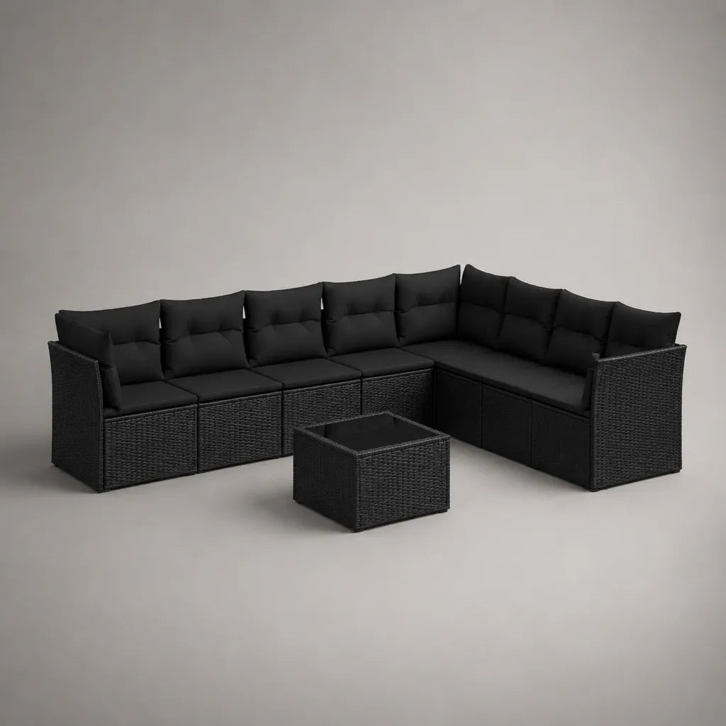 Gartensofa-Set 7-teilig L-förmig Schwarz 250 x 190 x 67 cm aus PE-Rattan und Stahl mit Tisch und Auflagen