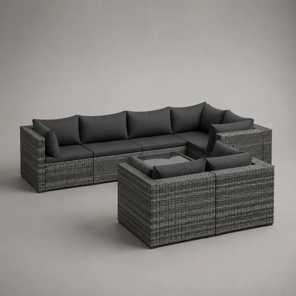 8-teiliges Gartensofa-Set in L-Form aus PE-Rattan und Stahl mit Polsterauflagen und Glastisch, Grau/Anthrazit, 270 × 220 × 75 cm