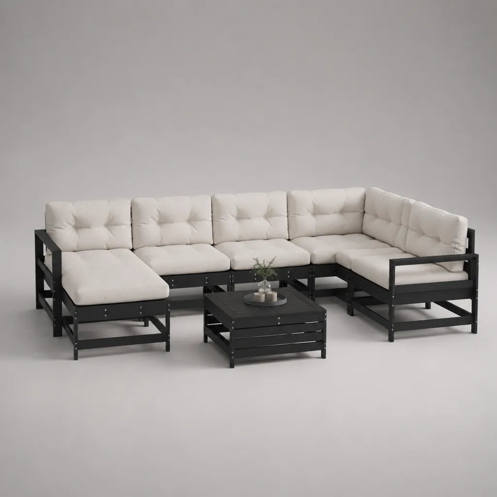 Gartensofa Lounge-Set 7-teilig, U-förmig, Akazien-Massivholz, Schwarz/Creme, 300 × 220 × 70 cm