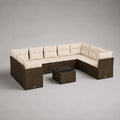 Gartensofa-Set 7-teilig aus PE-Rattan mit Polstern und Glastisch, U-Form, Dunkelbraun und Cremeweiß, 280 × 210 × 74 cm