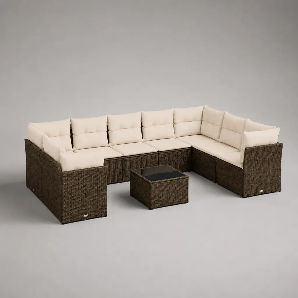 Gartensofa-Set 7-teilig aus PE-Rattan mit Polstern und Glastisch, U-Form, Dunkelbraun und Cremeweiß, 280 × 210 × 74 cm